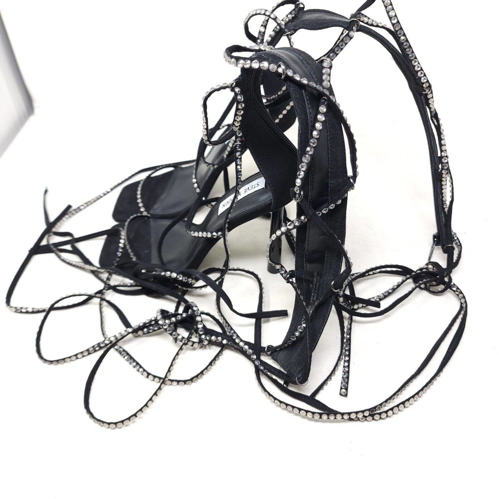 Steve Madden Sandal Heels Justyne Black Glass Rhinestone Tie Up Gladiator 7 - Picture 6 of 10